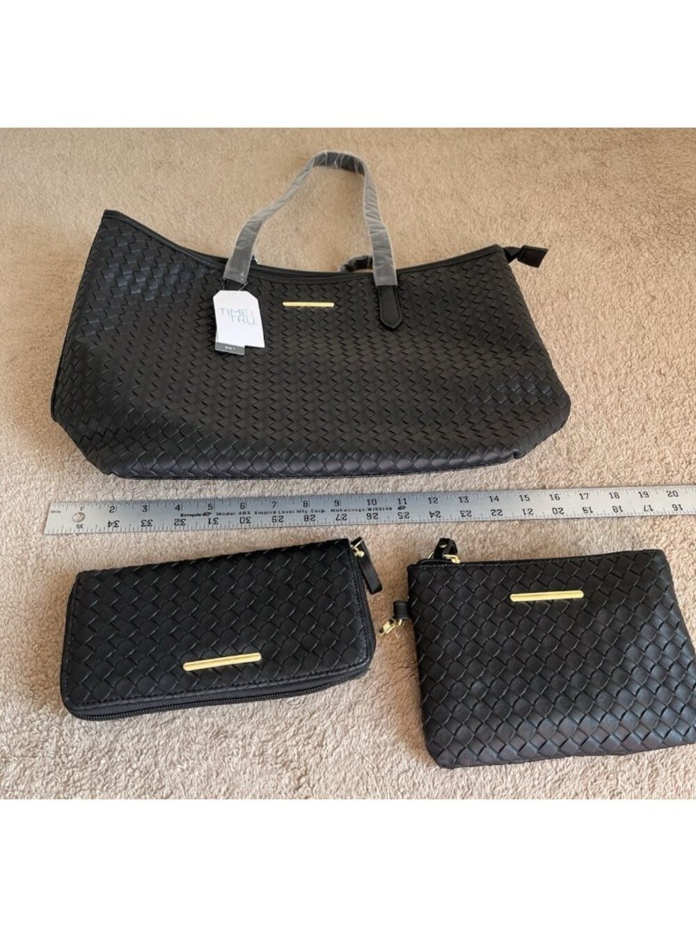 Time and Tru 3 Piece Handbag Set Black Woven Tote NWT - Picture 6 of 10
